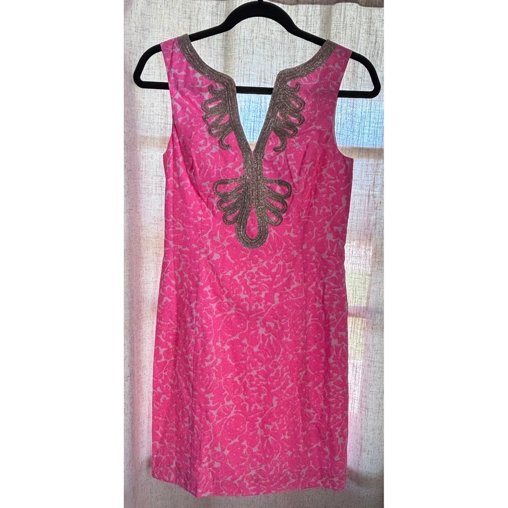 Lilly Pulitzer Pink Floral Shift Dress Sz 0 Gold Metallic Soutache V-Neck Resort